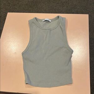 Zara Green Ribbed Sleeveless Crop Top